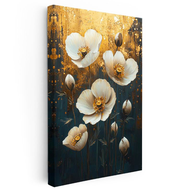 Dikey Kanvas Tablo Altın Efektli Zemin Beyaz Çiçekler Çiçek Tablosu Ev Ofis Duvar Dekoru