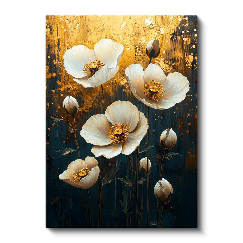 Dikey Kanvas Tablo Altın Efektli Zemin Beyaz Çiçekler Çiçek Tablosu Ev Ofis Duvar Dekoru