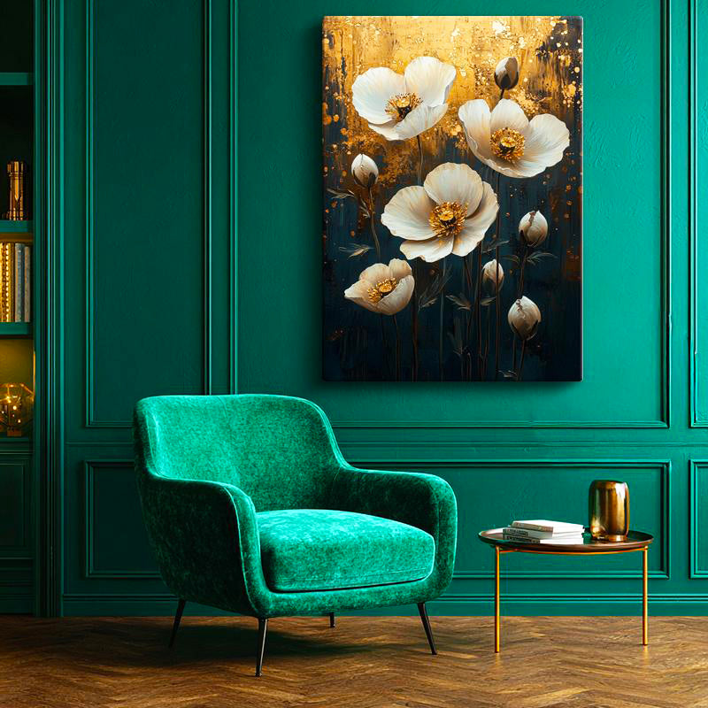 Dikey Kanvas Tablo Altın Efektli Zemin Beyaz Çiçekler Çiçek Tablosu Ev Ofis Duvar Dekoru