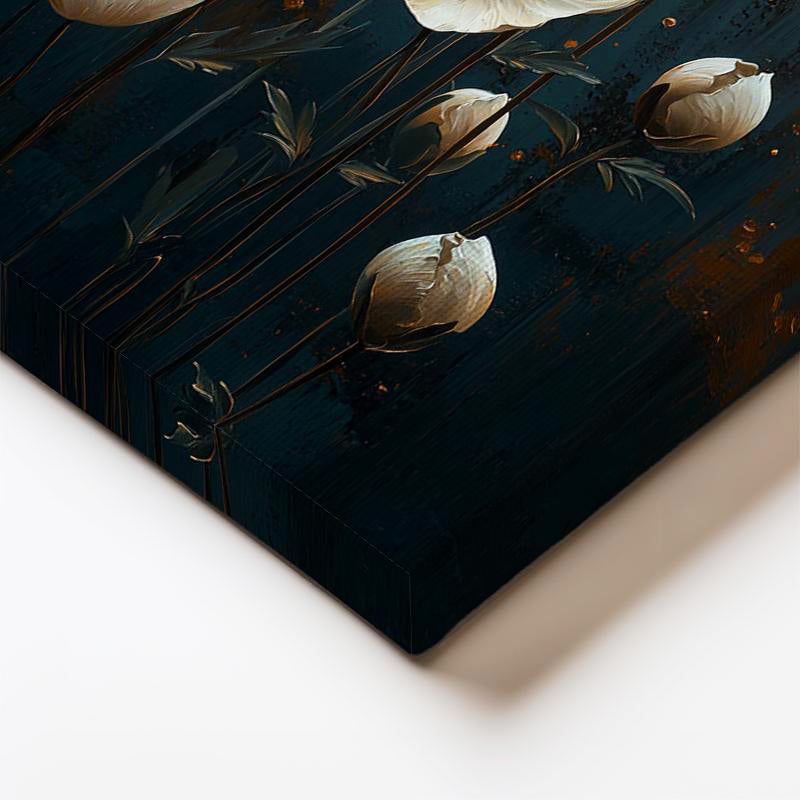 Dikey Kanvas Tablo Altın Efektli Zemin Beyaz Çiçekler Çiçek Tablosu Ev Ofis Duvar Dekoru