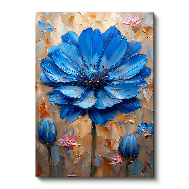 Dikey Kanvas Tablo Kabartma Görünümlü Mavi Çiçek Tablosu Ev Ofis Duvar Dekoru