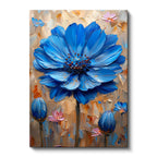 Dikey Kanvas Tablo Kabartma Görünümlü Mavi Çiçek Tablosu Ev Ofis Duvar Dekoru