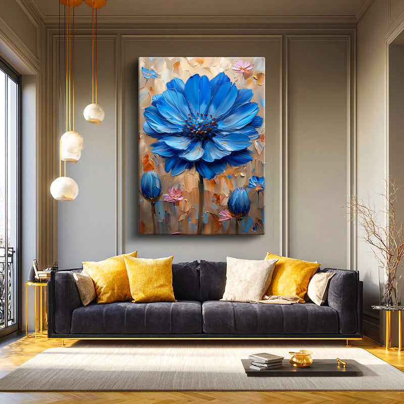 Dikey Kanvas Tablo Kabartma Görünümlü Mavi Çiçek Tablosu Ev Ofis Duvar Dekoru