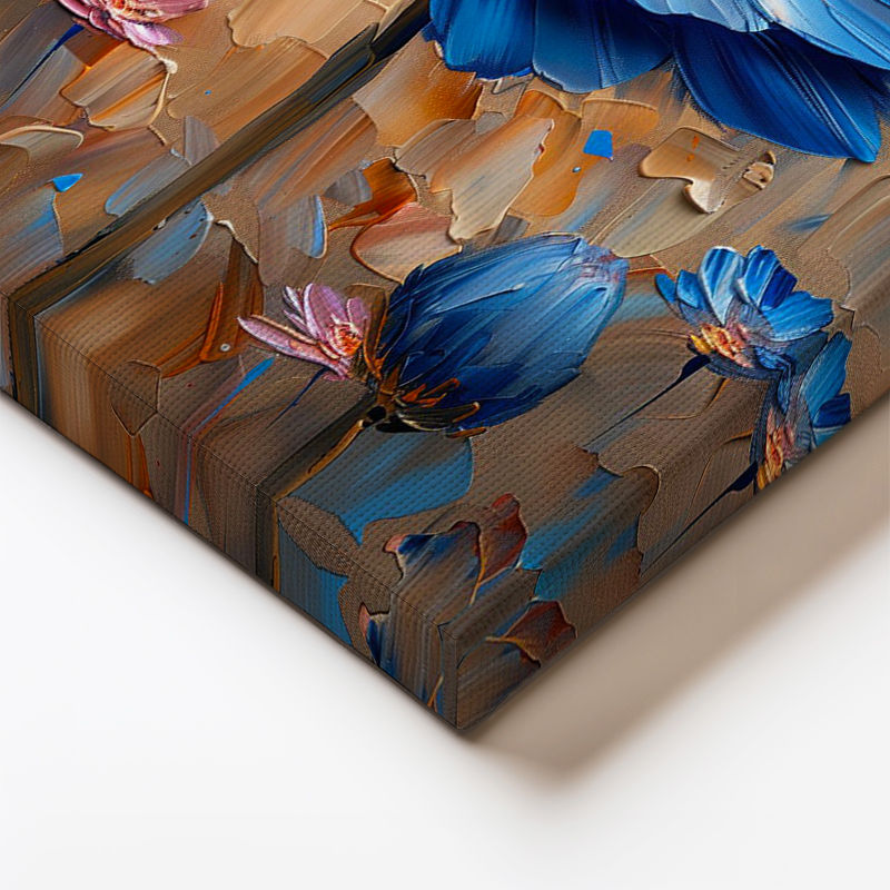 Dikey Kanvas Tablo Kabartma Görünümlü Mavi Çiçek Tablosu Ev Ofis Duvar Dekoru