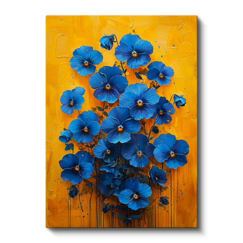 Dikey Kanvas Tablo Sarı Zeminli Mavi Menekşeler Çiçek Tablosu Ev Ofis Duvar Dekoru