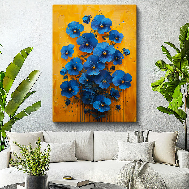 Dikey Kanvas Tablo Sarı Zeminli Mavi Menekşeler Çiçek Tablosu Ev Ofis Duvar Dekoru