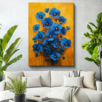 Dikey Kanvas Tablo Sarı Zeminli Mavi Menekşeler Çiçek Tablosu Ev Ofis Duvar Dekoru