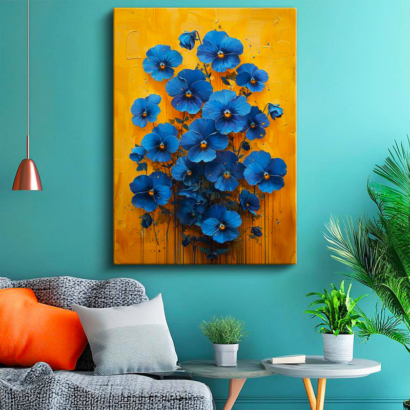Dikey Kanvas Tablo Sarı Zeminli Mavi Menekşeler Çiçek Tablosu Ev Ofis Duvar Dekoru