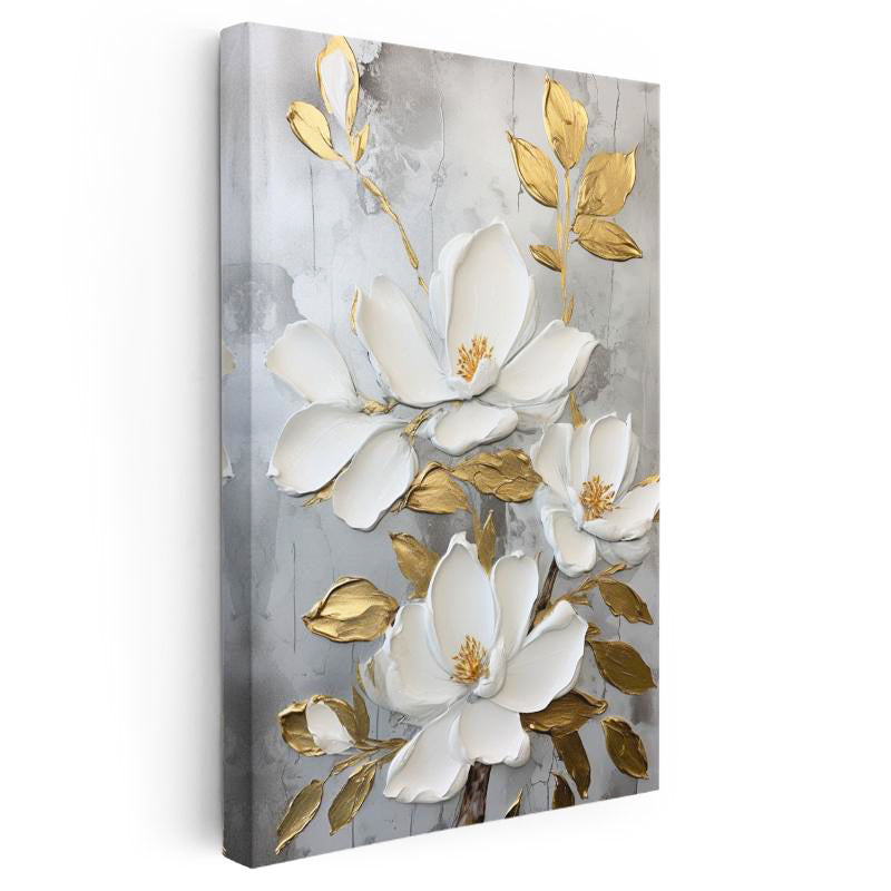Dikey Kanvas Tablo Kabartma Görünümlü Altın Manolya Çiçek Tablosu Ev Ofis Duvar Dekoru