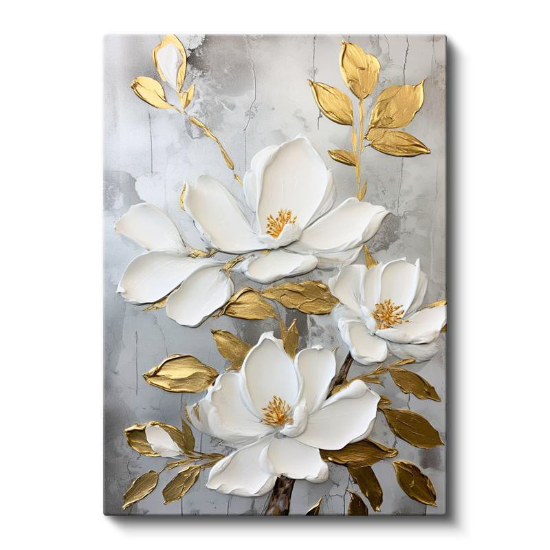 Dikey Kanvas Tablo Kabartma Görünümlü Altın Manolya Çiçek Tablosu Ev Ofis Duvar Dekoru
