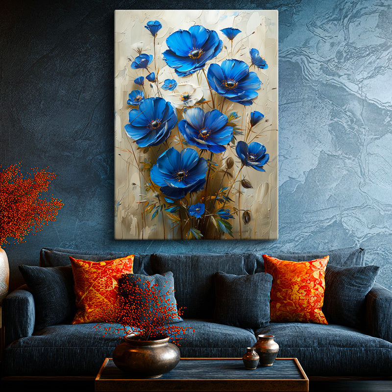 Dikey Kanvas Tablo Canlı Mavi Kır Çiçeği Buketi Çiçek Tablosu Ev Ofis Duvar Dekoru
