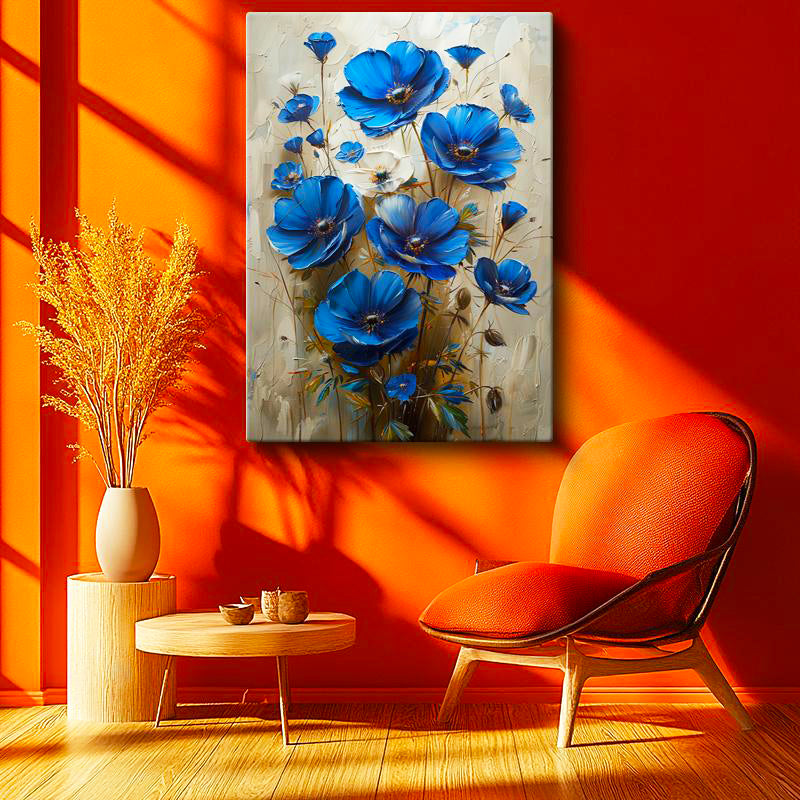 Dikey Kanvas Tablo Canlı Mavi Kır Çiçeği Buketi Çiçek Tablosu Ev Ofis Duvar Dekoru