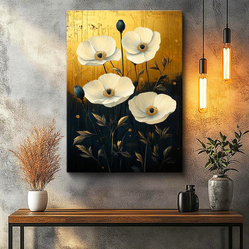 Dikey Kanvas Tablo Eskitme Altın Zeminli Beyaz Gelincik Çiçek Tablosu Ev Ofis Duvar Dekoru