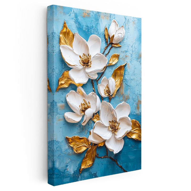 Dikey Kanvas Tablo Kabartma Görünümlü Mavi Beyaz Çiçekler Çiçek Tablosu Ev Ofis Duvar Dekoru