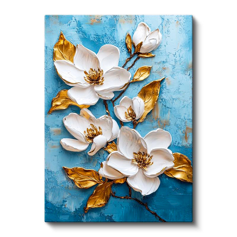 Dikey Kanvas Tablo Kabartma Görünümlü Mavi Beyaz Çiçekler Çiçek Tablosu Ev Ofis Duvar Dekoru