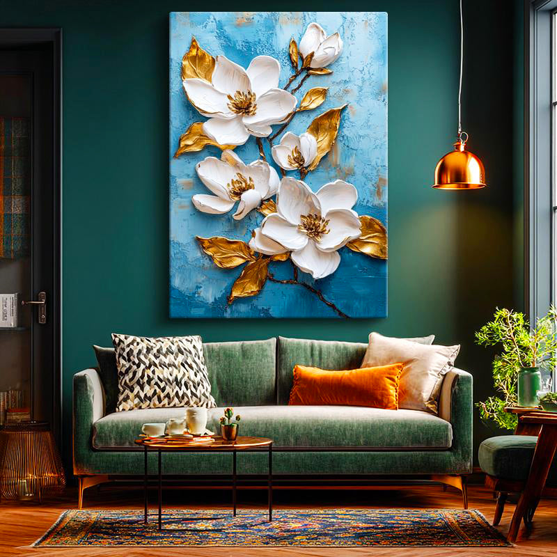 Dikey Kanvas Tablo Kabartma Görünümlü Mavi Beyaz Çiçekler Çiçek Tablosu Ev Ofis Duvar Dekoru