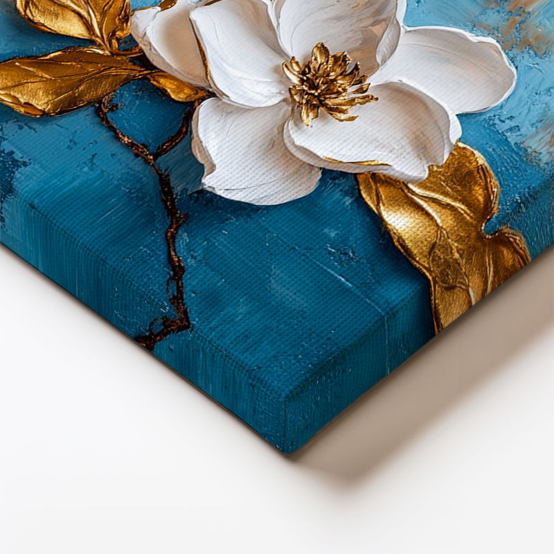 Dikey Kanvas Tablo Kabartma Görünümlü Mavi Beyaz Çiçekler Çiçek Tablosu Ev Ofis Duvar Dekoru