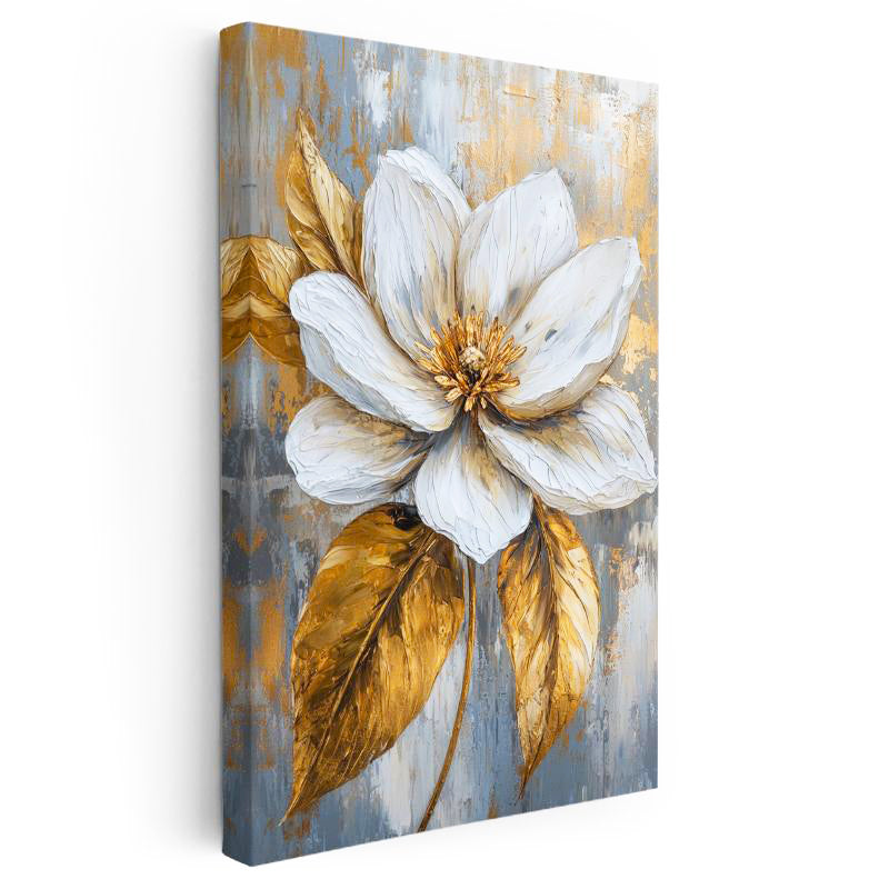 Dikey Kanvas Tablo Gri Zeminli Altın Yapraklı Manolya Çiçek Tablosu Ev Ofis Duvar Dekoru