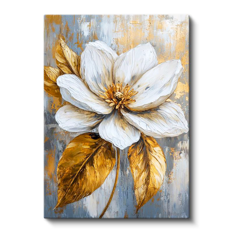 Dikey Kanvas Tablo Gri Zeminli Altın Yapraklı Manolya Çiçek Tablosu Ev Ofis Duvar Dekoru
