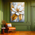 Dikey Kanvas Tablo Gri Zeminli Altın Yapraklı Manolya Çiçek Tablosu Ev Ofis Duvar Dekoru