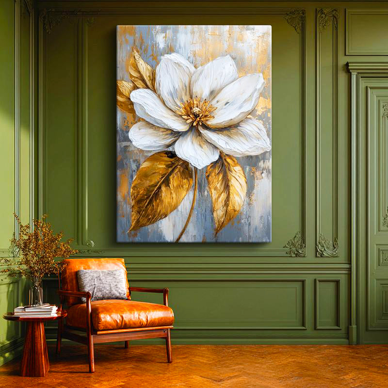 Dikey Kanvas Tablo Gri Zeminli Altın Yapraklı Manolya Çiçek Tablosu Ev Ofis Duvar Dekoru