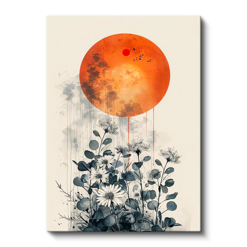 Dikey Kanvas Tablo Turuncu Dolunay ve Gri Kır Çiçekleri Çiçek Tablosu Ev Ofis Duvar Dekoru