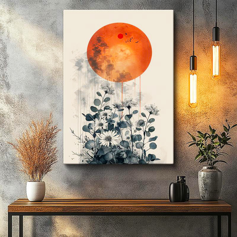 Dikey Kanvas Tablo Turuncu Dolunay ve Gri Kır Çiçekleri Çiçek Tablosu Ev Ofis Duvar Dekoru