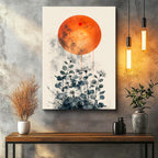 Dikey Kanvas Tablo Turuncu Dolunay ve Gri Kır Çiçekleri Çiçek Tablosu Ev Ofis Duvar Dekoru