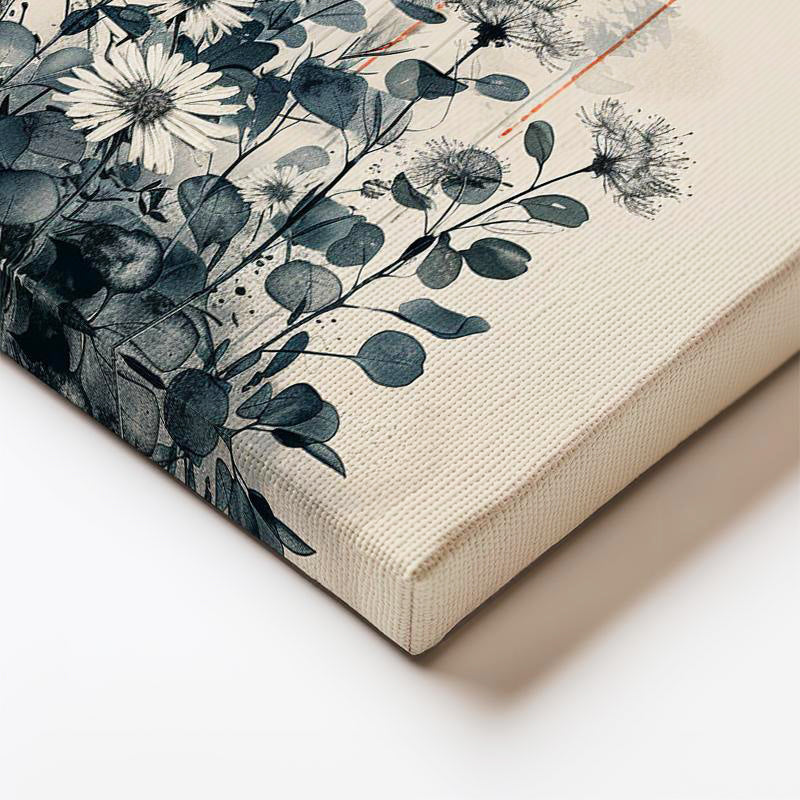 Dikey Kanvas Tablo Turuncu Dolunay ve Gri Kır Çiçekleri Çiçek Tablosu Ev Ofis Duvar Dekoru