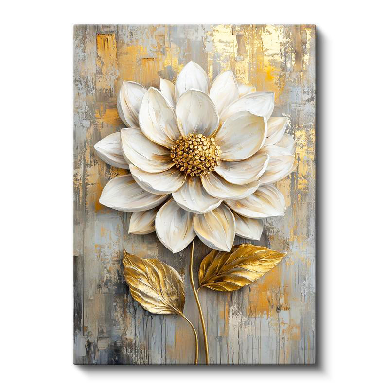 Dikey Kanvas Tablo Kabartma Görünümlü Altın Beyaz Çiçek Tablosu Ev Ofis Duvar Dekoru