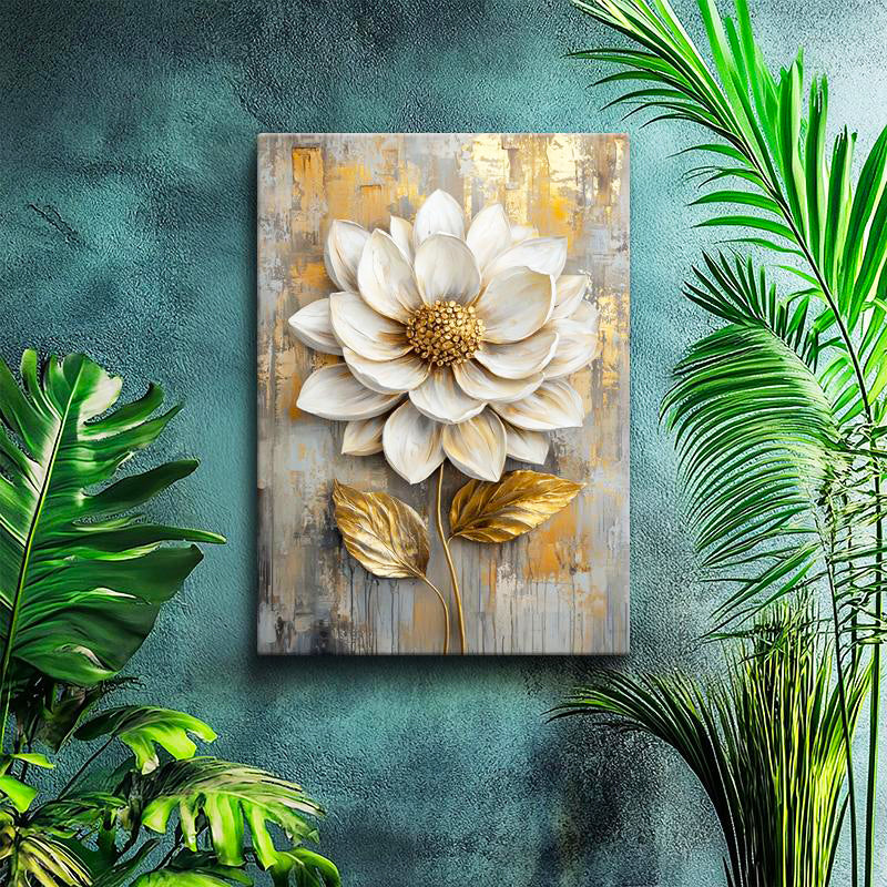 Dikey Kanvas Tablo Kabartma Görünümlü Altın Beyaz Çiçek Tablosu Ev Ofis Duvar Dekoru