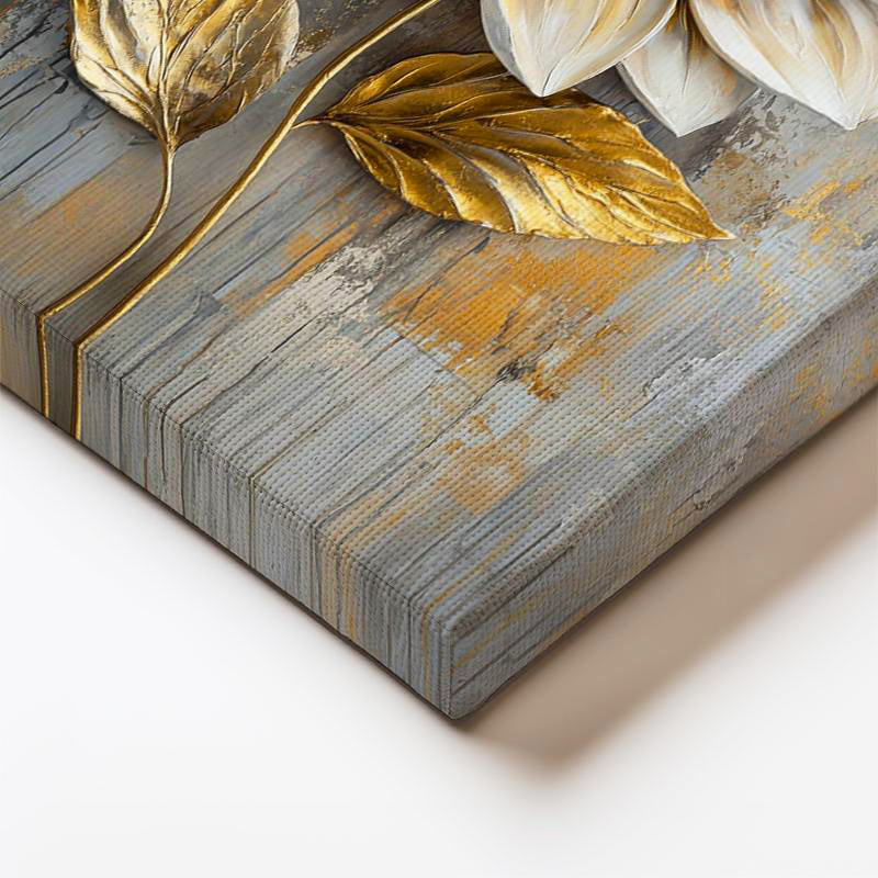 Dikey Kanvas Tablo Kabartma Görünümlü Altın Beyaz Çiçek Tablosu Ev Ofis Duvar Dekoru