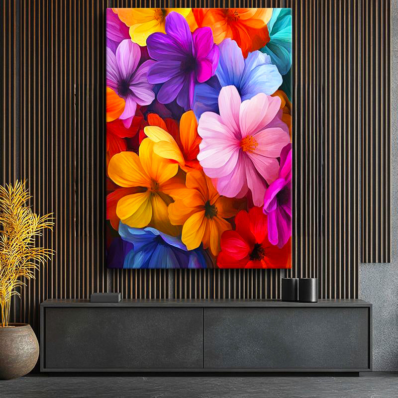Dikey Kanvas Tablo Rengarenk Kozmos Çiçekleri Deseni Çiçek Tablosu Ev Ofis Duvar Dekoru