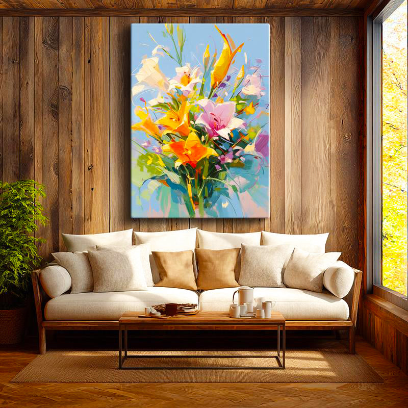 Dikey Kanvas Tablo Soyut Fırça Darbeli Renkli Çiçekler Çiçek Tablosu Ev Ofis Duvar Dekoru