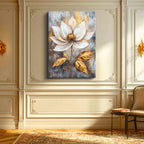Dikey Kanvas Tablo Altın Dokulu Beyaz Nilüfer Çiçek Tablosu Ev Ofis Duvar Dekoru