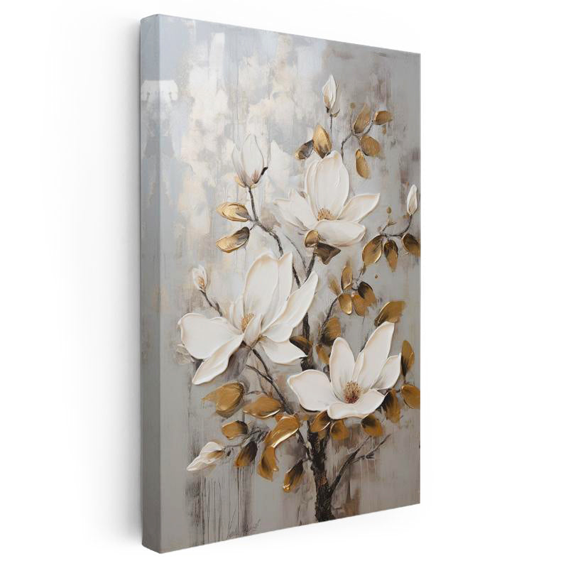 Dikey Kanvas Tablo Dekoratif Altın Yapraklı Manolya Çiçek Tablosu Ev Ofis Duvar Dekoru