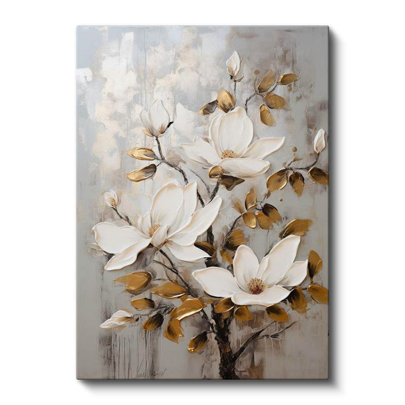 Dikey Kanvas Tablo Dekoratif Altın Yapraklı Manolya Çiçek Tablosu Ev Ofis Duvar Dekoru