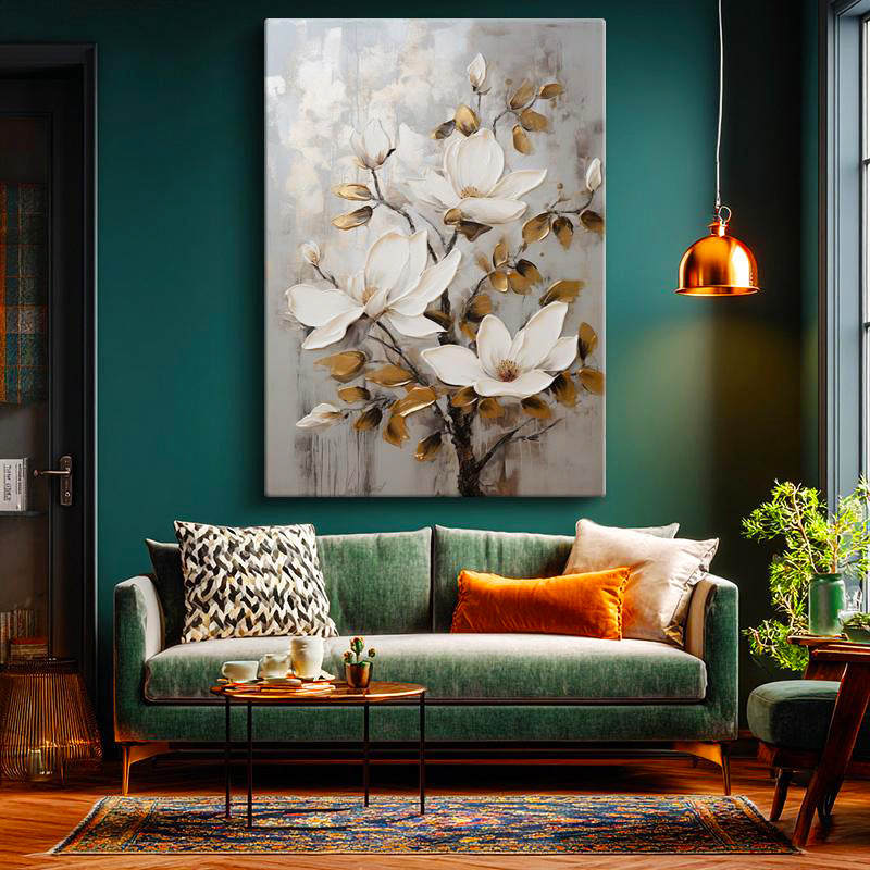 Dikey Kanvas Tablo Dekoratif Altın Yapraklı Manolya Çiçek Tablosu Ev Ofis Duvar Dekoru