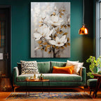 Dikey Kanvas Tablo Dekoratif Altın Yapraklı Manolya Çiçek Tablosu Ev Ofis Duvar Dekoru