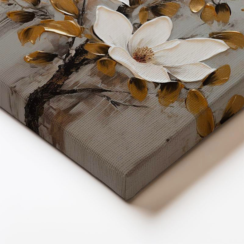 Dikey Kanvas Tablo Dekoratif Altın Yapraklı Manolya Çiçek Tablosu Ev Ofis Duvar Dekoru