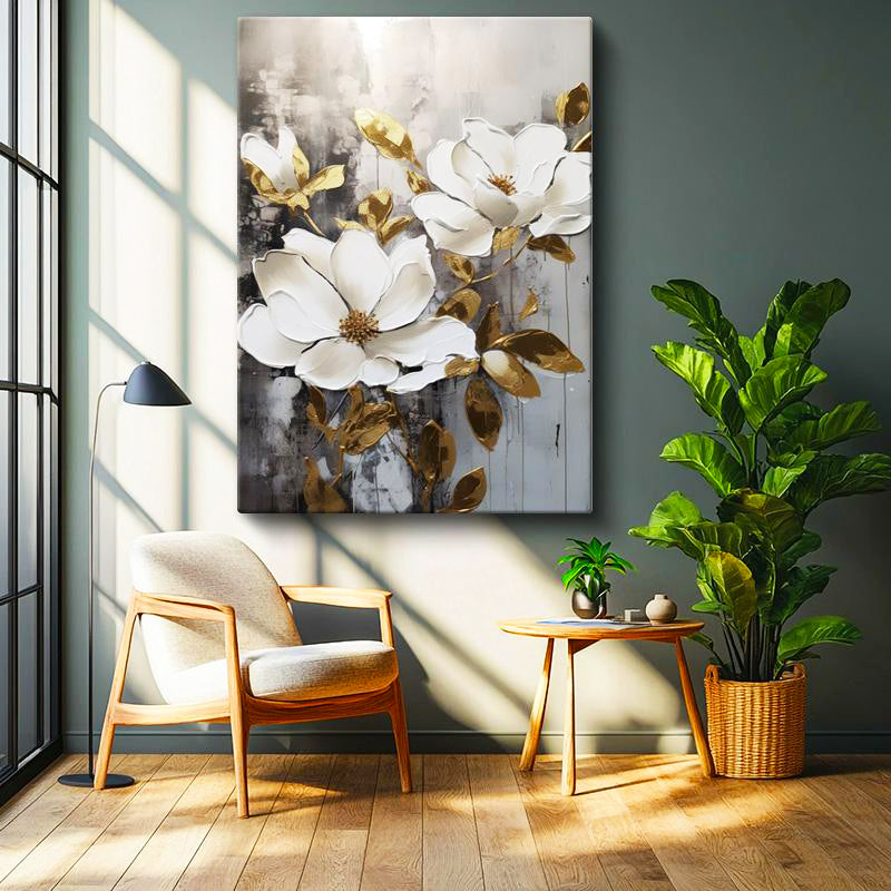 Dikey Kanvas Tablo Kabartma Görünümlü Manolya Çiçek Tablosu Ev Ofis Duvar Dekoru