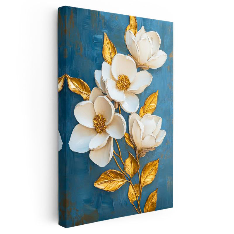 Dikey Kanvas Tablo Mavi Zeminli Altın Manolya Çiçek Tablosu Ev Ofis Duvar Dekoru
