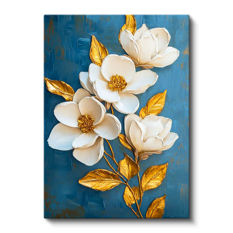 Dikey Kanvas Tablo Mavi Zeminli Altın Manolya Çiçek Tablosu Ev Ofis Duvar Dekoru