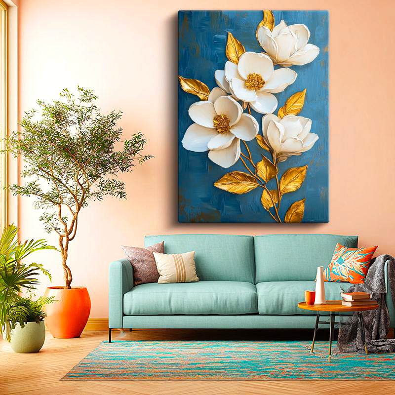 Dikey Kanvas Tablo Mavi Zeminli Altın Manolya Çiçek Tablosu Ev Ofis Duvar Dekoru