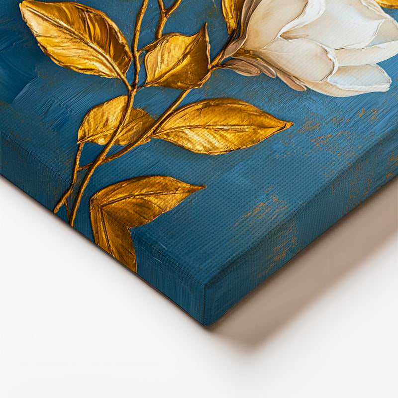 Dikey Kanvas Tablo Mavi Zeminli Altın Manolya Çiçek Tablosu Ev Ofis Duvar Dekoru