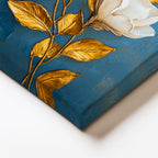 Dikey Kanvas Tablo Mavi Zeminli Altın Manolya Çiçek Tablosu Ev Ofis Duvar Dekoru