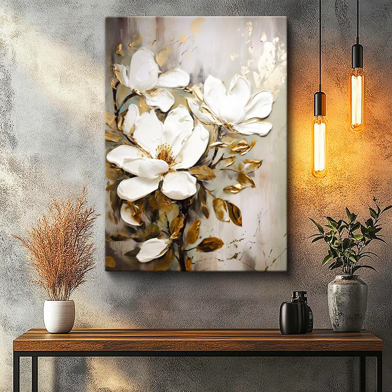 Dikey Kanvas Tablo Altın Dokunuşlu Beyaz Manolya Çiçek Tablosu Ev Ofis Duvar Dekoru