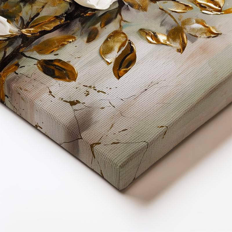 Dikey Kanvas Tablo Altın Dokunuşlu Beyaz Manolya Çiçek Tablosu Ev Ofis Duvar Dekoru