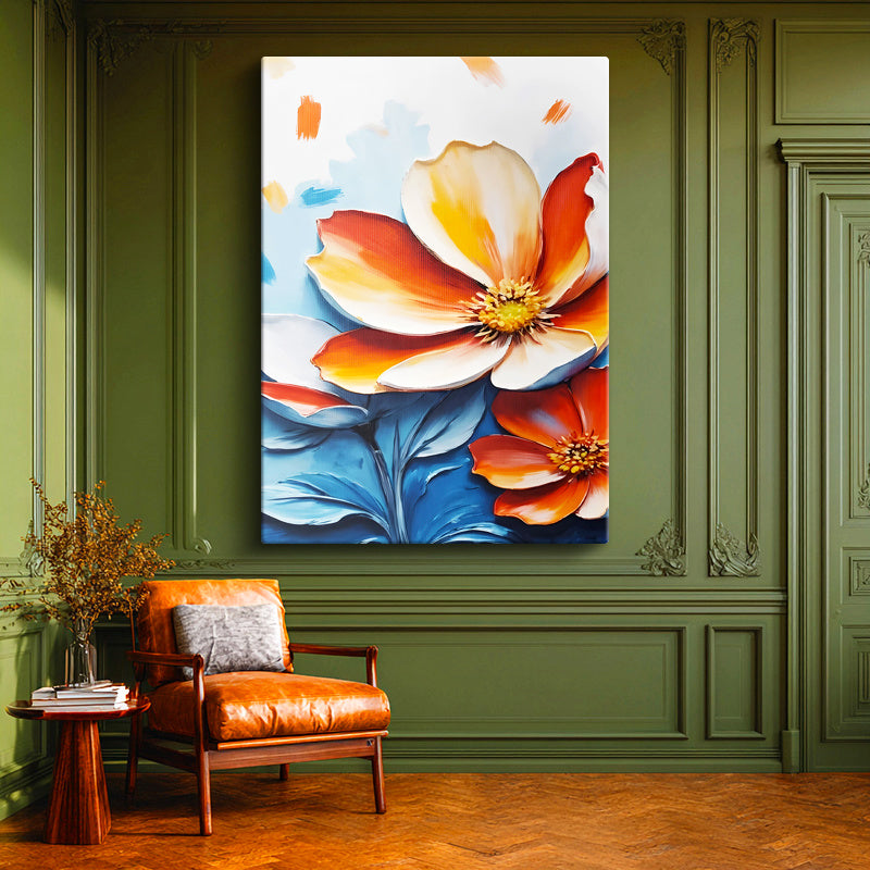 Dikey Kanvas Tablo İki Renkli Geniş Yapraklı Çiçek Çiçek Tablosu Ev Ofis Duvar Dekoru