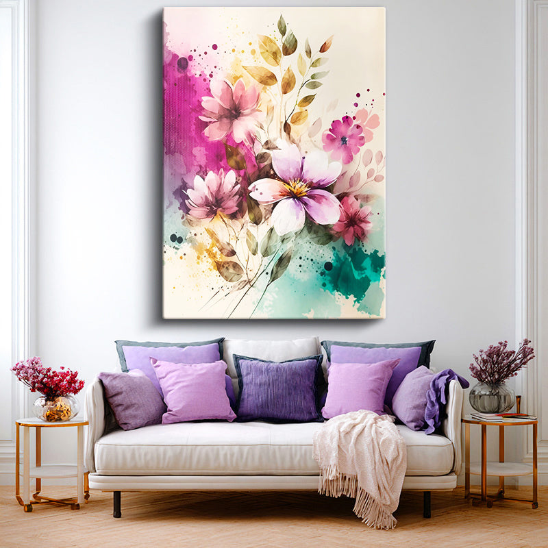 Dikey Kanvas Tablo Sulu Boya Görünümlü Çiçek Çiçek Tablosu Ev Ofis Duvar Dekoru